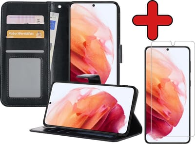 Hoesje - Met Screenprotector - Geschikt voor Samsung Galaxy S21 - Luxe Pasjeshouder - Flipcase - Bookcase Portemonee - Flip Case - Kunstleer Book Case - Book Cover - Walletcase - Portemonneehoes - Telefoonhoes - Zwart