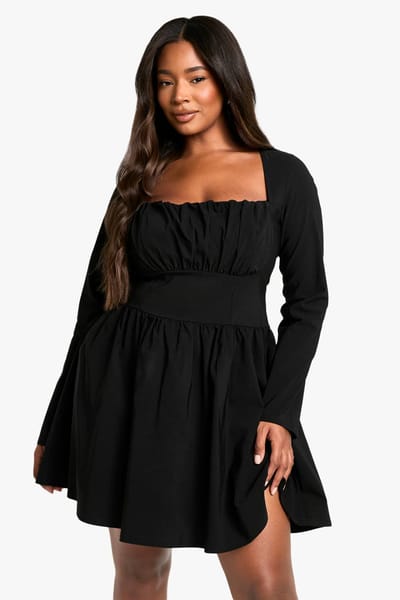 boohoo Dames Plus Bengaline Corset Jurk met Lange Mouwen en Skaterrok | Zwart | Maat: 56