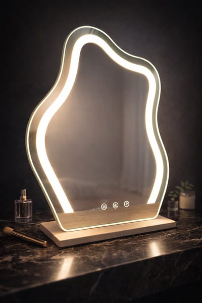 Make Up Spiegel met LED Verlichting - Golvende Spiegel 45x55 cm - Wavy Cloud Spiegel - Staand of Ophangbaar - 3 Lichtkleuren - Touch Dimbaar - Blush&Beam