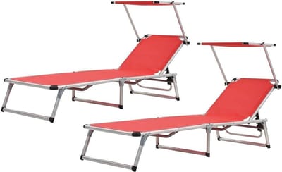 Inklapbare ligstoelen - Loungestoelen set - Tuin en strand - Verstelbaar dak en rugleuning - 2 stuks - Rood