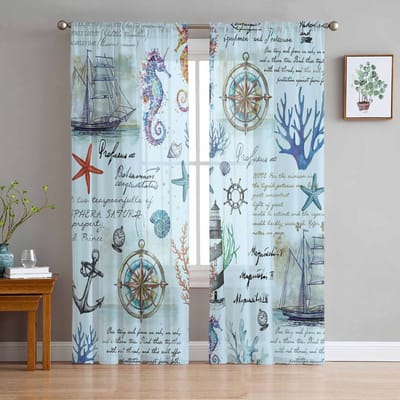 Mariene Planten Koraal Zeevruchten Zeilboten Anker Zeepaardjes Raam Tule Gordijnen Woonkamer Hotel Luxe Decoratie Transparante Gordijnen 135W x 114H(cm) white