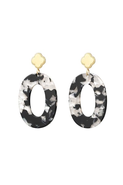 oorbellen klaver met ovale ring met print - earrings - zwart met wit - chic design - trendy - cadeau idee moeder - kado kerst