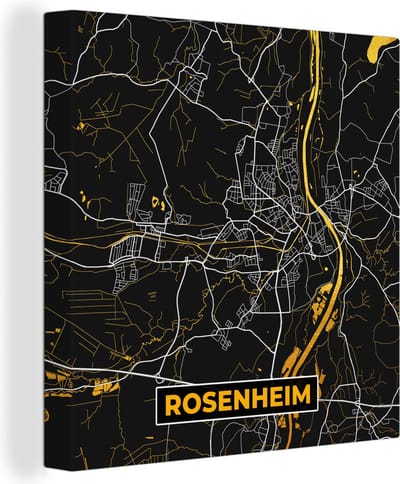 Canvas Schilderij Black and Gold – Stadskaart – Rosenheim – Duitsland – Plattegrond – Kaart - 20x20 cm - Wanddecoratie