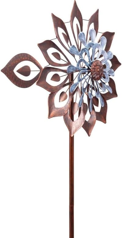 Metalen Windspinner - Tuindecoratie Beweging - Tuin Verfraaien - Dubbele Beweging - 2 Meter Hoog - Brons Blauw