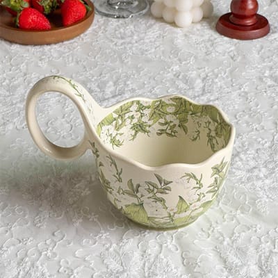 Keramische Mok Akkoord Kop met Lepel Ontbijtkop Havermoutkom Verwarmde Melk Lelietje-van-dalen Bloei Koffiekop Schotel 450ML gray