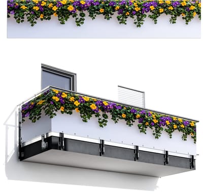 Balkonscherm 500x100 cm - Balkonposter Bloemen - Muur - Geel - Paars - Balkon scherm decoratie - Balkonschermen - Balkondoek zonnescherm