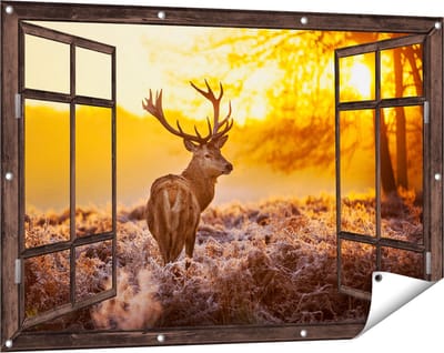Gards Tuinposter Doorkijk Hert in Bos tijdens de Zonsopkomst - 120x80 cm - Tuindoek - Tuindecoratie - Wanddecoratie buiten - Tuinschilderij