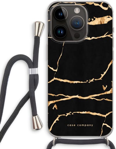 Case Company® - Hoesje met koord geschikt voor iPhone 14 Pro hoesje met Koord - Gouden marmer - Telefoonhoesje met Zwart Koord - Bescherming aan alle Kanten en Over de Schermrand
