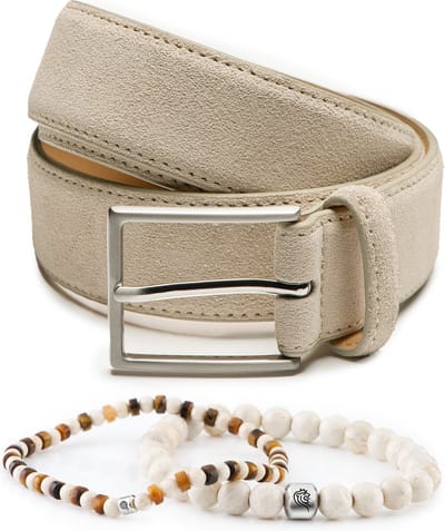 DTCH.FIT Kralen armband Jack Beige one size & Suède riem Bobby Beige - 3,5cm breed - 85cm - Totale lengte 100cm