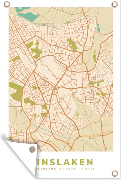 Muurdecoratie Plattegrond - Dinslaken - Kaart - Stadskaart - Vintage - 120x180 cm - Tuinposter - Tuindoek