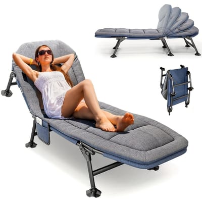 Opvouwbaar Camping Bed Grijs Verstelbaar Veldbed Ligstoel Met Matras Zijvak Outdoor Comfort