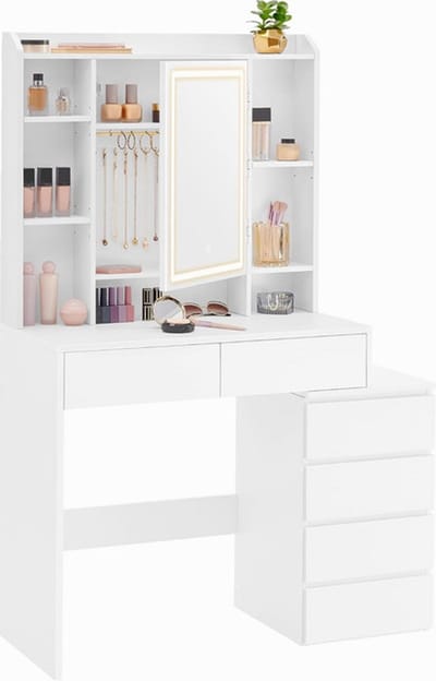 Sierra, KAILYN Collectie - Kaptafel met LED-verlichting, make-uptafel met spiegel, 40 x 98,3 x 145 cm, cosmeticatafel met lades, verstelbare planken, modern, wolkenwit RDT124WB01
