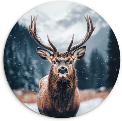 WallCircle® Wandcirkel 90x90 cm - Muurcirkel Hert - Dieren - Landschap - Winter - Sneeuw - Muurdecoratie woonkamer - Wanddecoratie slaapkamer - Kamer decoratie accessoires - Ronde schilderijen