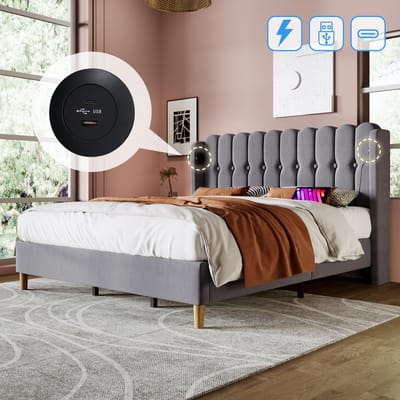 Gestoffeerd tweepersoonsbed met USB-C lader - Slaapkamer en tienerkamer 180x200 cm - Grijs - Rustiek paneelhoofdeinde met ingebouwde USB/Type-C oplaadpoorten - Stabiel frame tot 226 kg