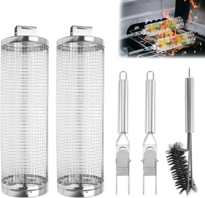 Dailygoods- Grillmanden Set van 2 - Roestvrijstalen Rollende Grillmanden - Afneembare Handgrepen - Reinigingsborstel - Barbecue Accessoires - Perfect Cadeau voor Barbecueliefhebbers - Barbecue Mand
