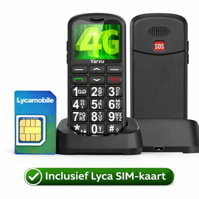 Yarvu - Easy Pro - 4G Senioren Mobiel + Simkaart Geleverd + Oplaadstation - Grote Toetsen - Big Button Mobiele Telefoon - Ouderen - Zwart