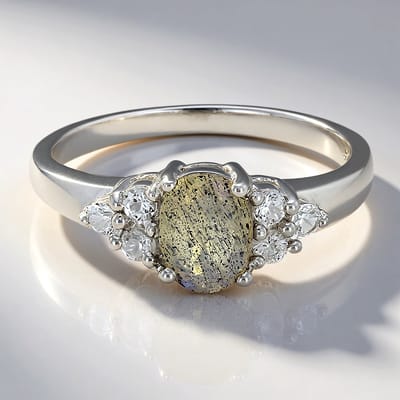 Cavill - Zilveren ring 925 Sterling met ovale Labradoriet 0,65 ct en witte Topaas 0,248 ct - Filigraan luxe dames sieraad maat 17