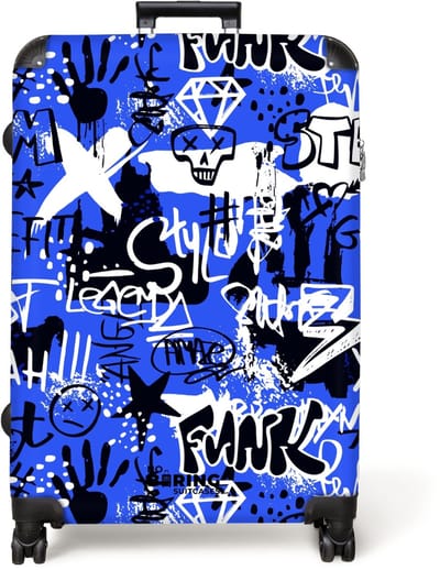 NoBoringSuitcases.com® - Koffer groot - Reiskoffer lichtgewicht - Zwarte en witte graffiti op blauwe achtergrond - Rolkoffer met 4 wielen - Grote trolley XL - 98 liter bagage