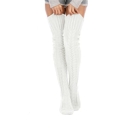 Dames Kabelgebreide Dijhoge Laarskousen Extra Lang Winterkousen Boven de Knie Warm Zacht Comfortabel ivoor