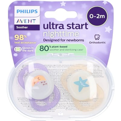 Philips Avent Ultra Start Night – Glow-in-the-dark siliconen fopspeen – 0-2 mnd – 2 stuks - SCF075/17