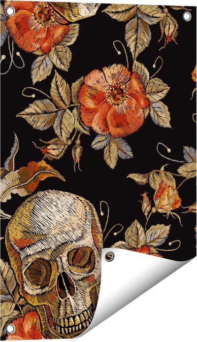 Gards Tuinposter Doodshoofden met Bloemen - Schedels - 40x60 cm - Tuindoek - Tuindecoratie - Wanddecoratie buiten - Tuinschilderij