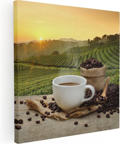 Artaza Canvas Schilderij Koffie - 80x80 cm - Wanddecoratie Koffie - Muurdecoratie Zonsondergang - Schilderijen Op Canvas Landschap