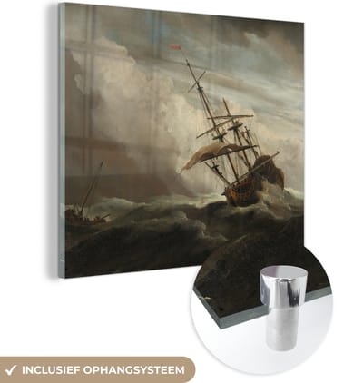 MuchoWow® Glasschilderij 50x50 cm - Schilderij acrylglas - Een schip in volle zee bij vliegende storm - Schilderij van Willem van de Velde - Foto op glas - Schilderijen
