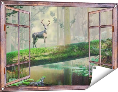 Gards Tuinposter Doorkijk Hert in het Bos op een Boom - 90x60 cm - Tuindoek - Tuindecoratie - Wanddecoratie buiten - Tuinschilderij