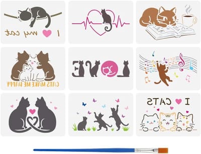9-delige stencils kit met penseel | Schattige kittens | Hartvormige tekensjablonen | Herbruikbare dierenstencils | Vloermeubilair en woondecoratie | 18 x 12 cm