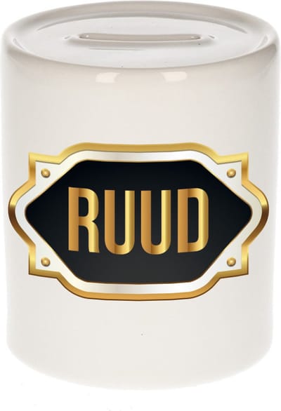 Spaarpot met voornaam Ruud - wit - met goud/zwart embleem - 8 x 9 cm - keramiek - met afsluitdop - cadeau verjaardag