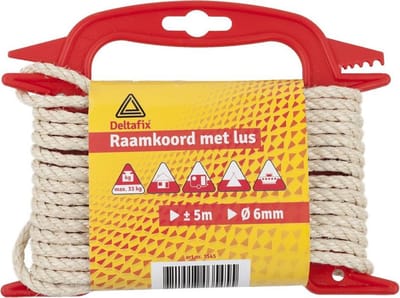 Raamkoord met lus. 5 meter lang. 6mm dik. Deltafix.