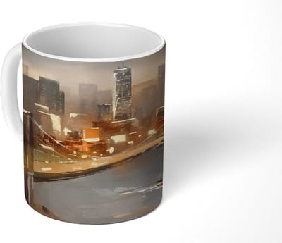 Mok - Koffiemok - Schilderij - Skyline - Brug - Architectuur - Olieverf - Mokken - 350 ML - Beker - Koffiemokken - Theemok