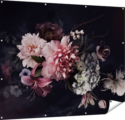 Gards Tuinposter Diverse Bloemen op Zwart Achtergrond - 150x120 cm - Tuindoek - Tuindecoratie - Wanddecoratie buiten - Tuinschilderij