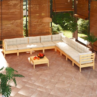 vidaXL - 10-delige - Loungeset - met - crèmekleurige - kussens - grenenhout