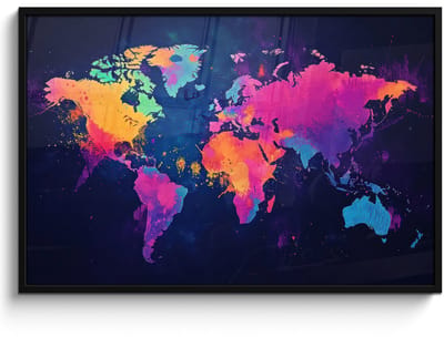 Poster in lijst - Fotolijst 120x80 cm - Posters - Wereldkaart - Kleurrijk - Graffiti - Posterlijst zwart - Decoratie - Wanddecoratie woonkamer - Muurdecoratie slaapkamer