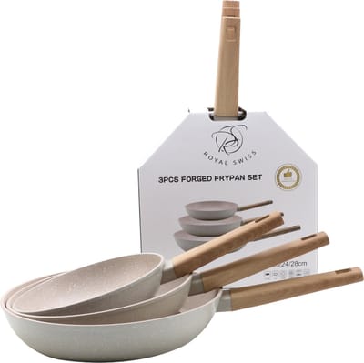 Royal Swiss® pannenset – 3-delige – Ø20, 24 & 28 cm – Inductie – PFAS-Vrij – Koekenpannenset – Crème