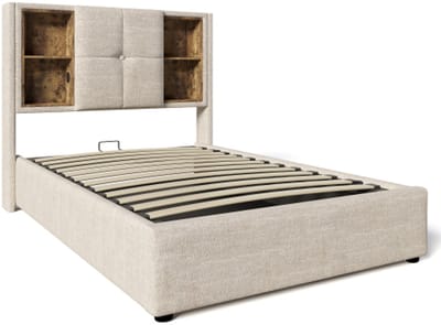 Gotagee Eenpersoonsbed met draadloos opladen USB C, gestoffeerd bedframe 90x200cm, bedframe met opbergruimte lattenbodem van hout-natuurlijk linnen (met matras)