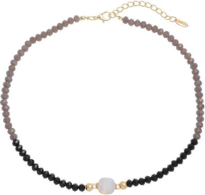 Behave® Korte Ketting - Glaskralen - Mat Goudkleur - Zwart/Wit - Nikkelvrij
