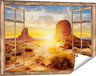 Gards Tuinposter Doorkijk Zonsondergang in Woestijn Monument Valley - 90x60 cm - Tuindoek - Tuindecoratie - Wanddecoratie buiten - Tuinschilderij