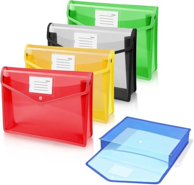 Set van 5 Horizontale A5 Plastic Folders voor Documenten, School en Kantoor met Druksluiting en Kaartslot in Diverse Kleuren
