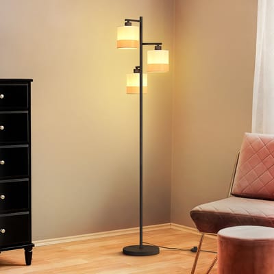 NETTLIFE E27 Vintage Vloerlamp - Stoffen staande lamp - 3 lichts - zwart retro leeslamp - rustieke vloerlamp - met voetschakelaar - voor slaapkamer kantoor - zonder lamp