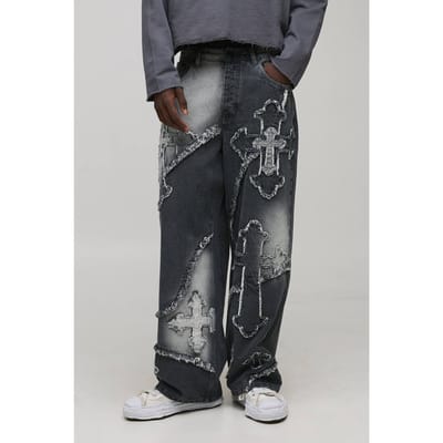 Baggy All Over Cross Applique-jeans | Grey | Size 34R
