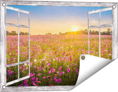 Gards Tuinposter Doorkijk Bloemenveld met Roze Kosmos - 60x40 cm - Tuindoek - Tuindecoratie - Wanddecoratie buiten - Tuinschilderij