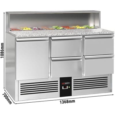 GGM Gastro Saladette PREMIUM - 1368mm - 1 Tür & 4 Schubladen - mit Edelstahlaufsatz für 8x GN 1/6 Zilver