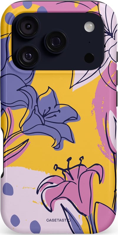 Casetastic hoesje geschikt voor Apple iPhone 17 Pro - MagSafe - Dubbellaagse bescherming - Paarse Lelie Kunst - Fashion Case - Lila Goud Lichtgrijs