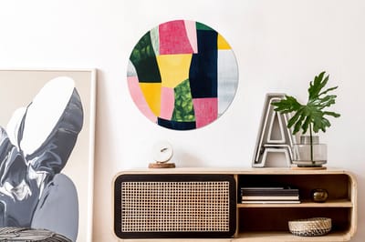 WallCircle - Wandcirkel - Muurcirkel - Abstract - Roze - Lappen - Vormen - Geel - Aluminium - Dibond - 60x60 cm - Binnen en Buiten