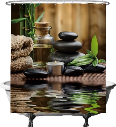 Ulticool Douchegordijn - Zen Spa Meditatie Rust - 180 x 200 cm - met 12 Ringen Wit - semi Transparant - anti Schimmel - Bruin Groen Zwart