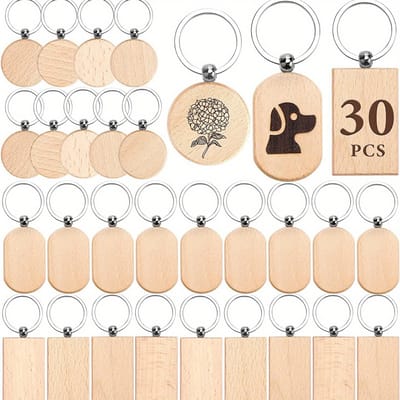 Lot de 30 porte-clés en bois vierges, 3 formes de porte-clés vierges à gravure laser, porte-clés en bois en vrac pour bricolage, cadeau, divers porte-clés et étiquettes de clés 30pcs beige