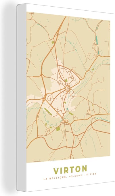 Canvas Schilderij Kaart - Retro - Vintage - Virton - Plattegrond - Stadskaart - 20x30 cm - Wanddecoratie