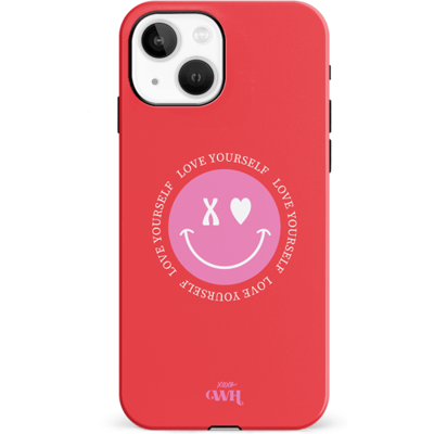 xoxo Wildhearts Love Yourself Red - Double Layer - Rood hoesje geschikt voor Apple iPhone 14 Plus - Hoesje met smiley emoji - Hardcase case geschikt voor iPhone 14 Plus - Smiley case - rood